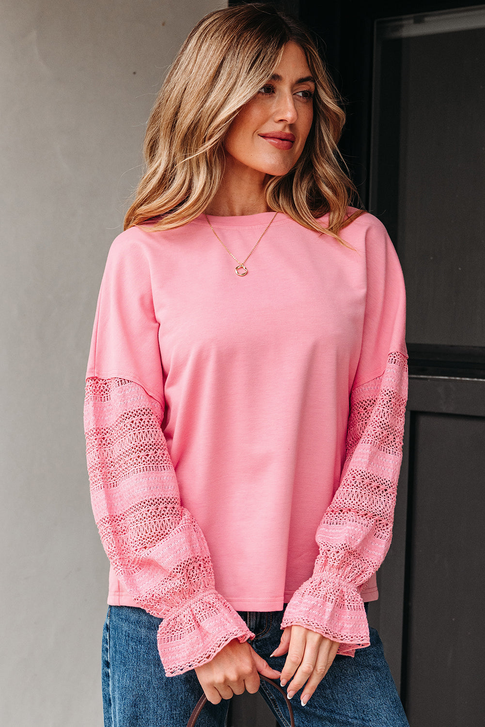 Brielle Lace Ruffled Sleeve Patchwork Loose Sweatshirt-4