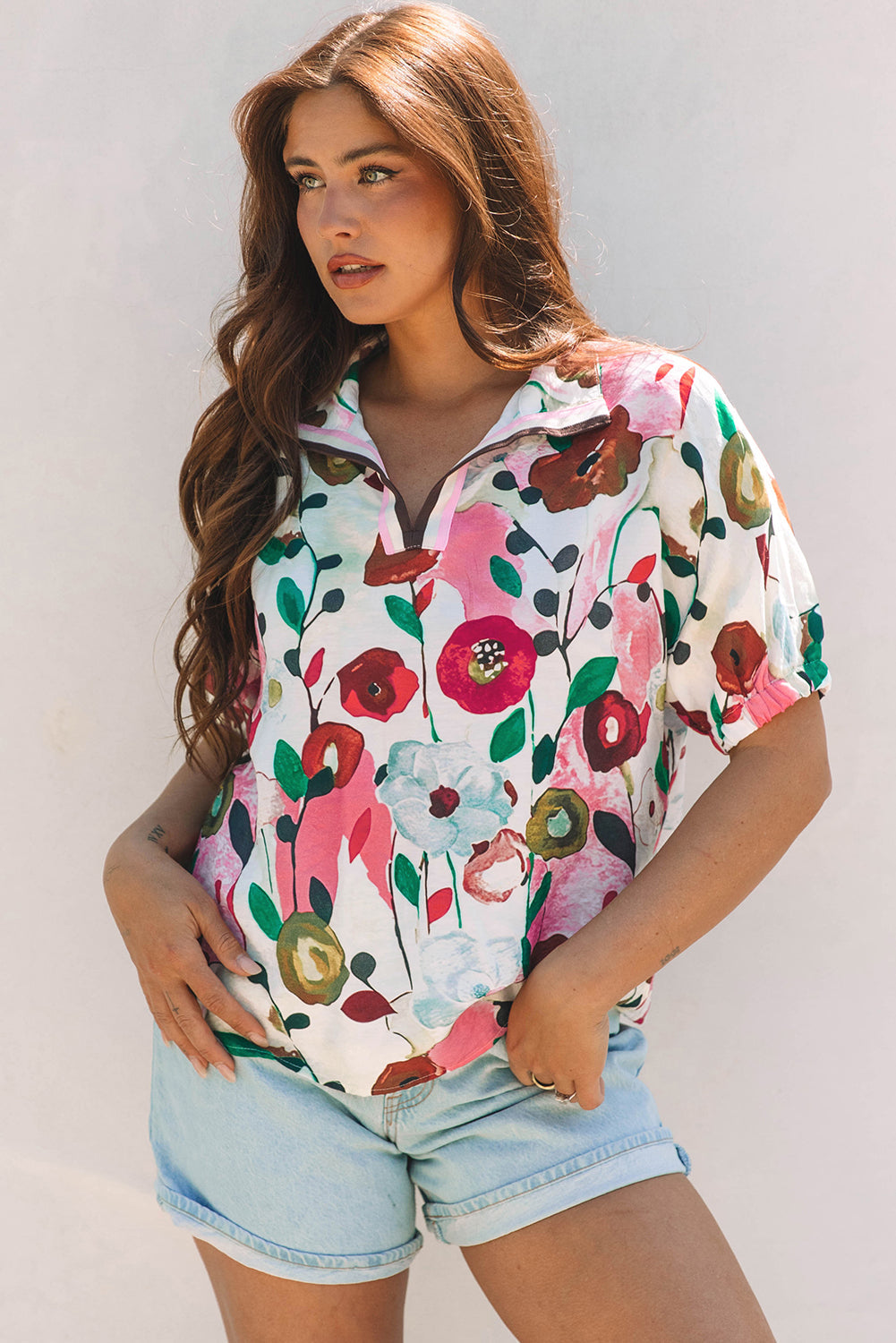 Adele Floral Slit V Neck Blouse
